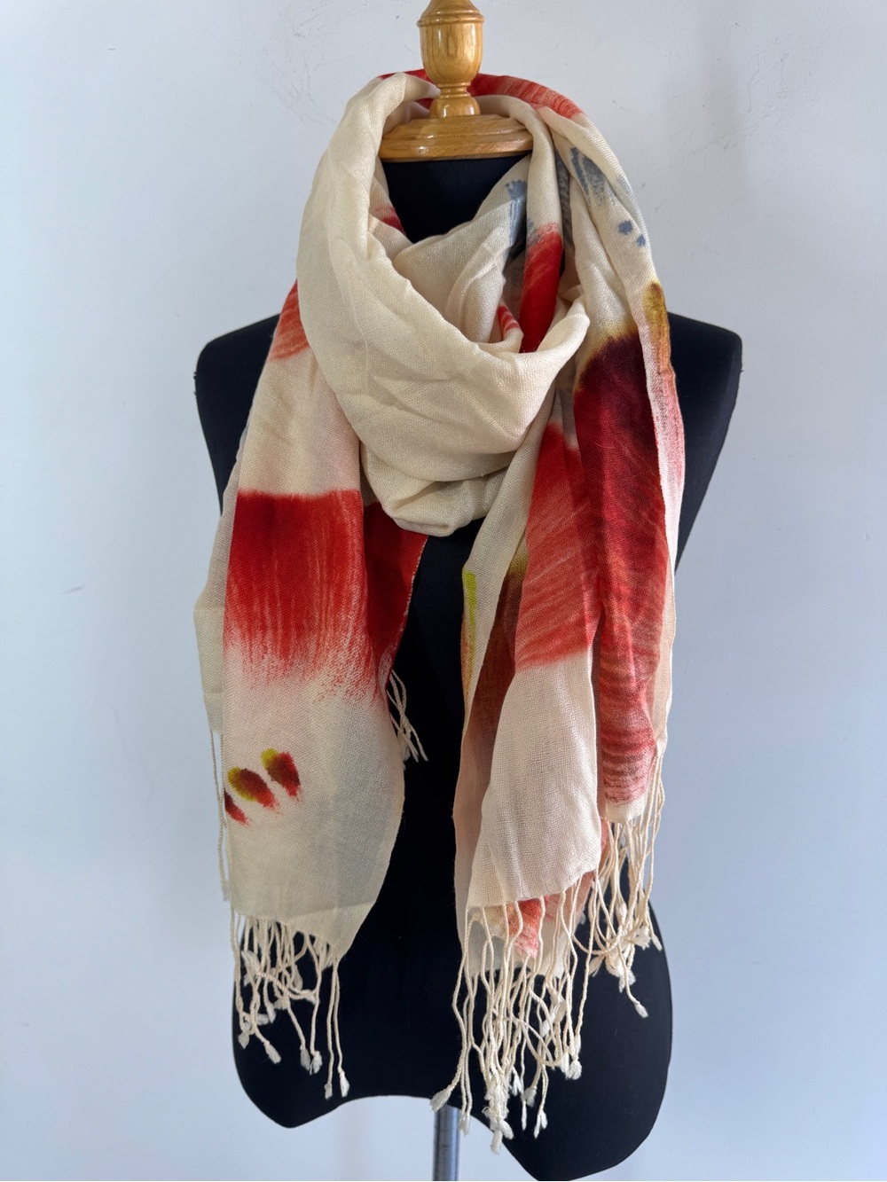 Pashmina 100% Pashmina Scarf Cream Floral Fringe Boho Cottagecore Wrap Large